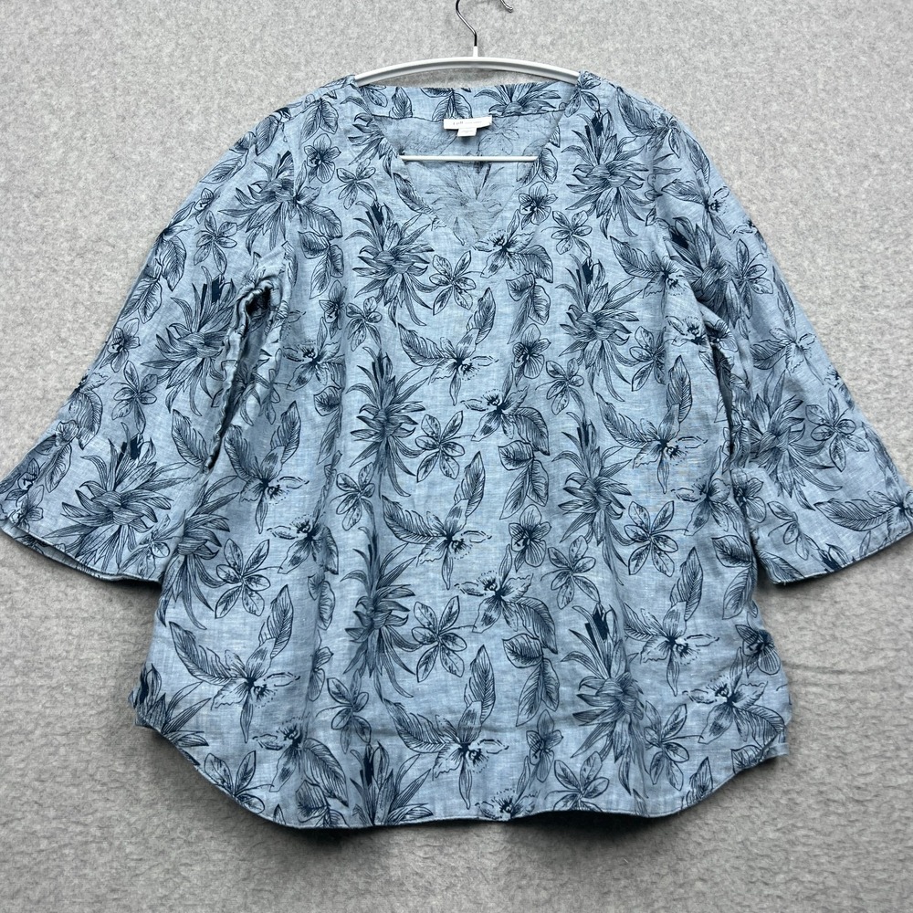 J‎ Jill Love 100% Linen Top Women's XS Blue Floral V-Neck Woven 3/4 Sleeve Shirt